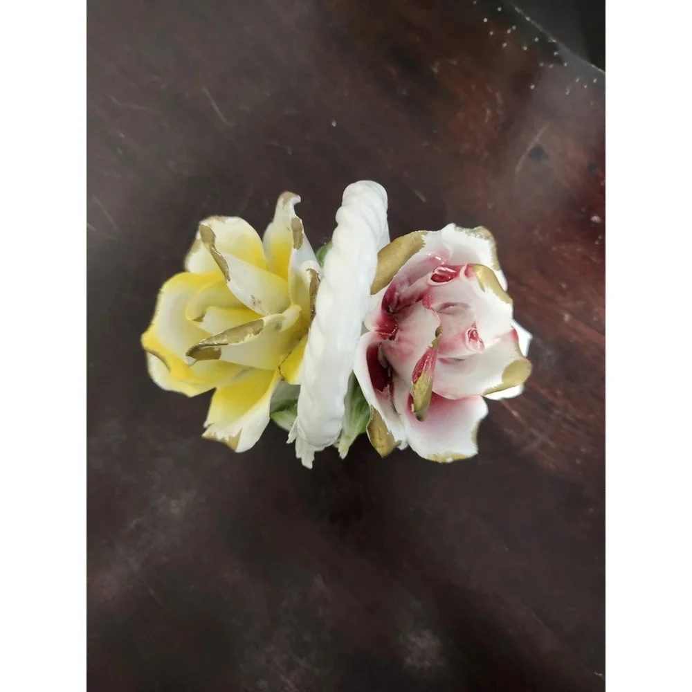 Nuova Capodimonte Italian Porcelain Floral Mini Basket Roses Gold Trim Handle